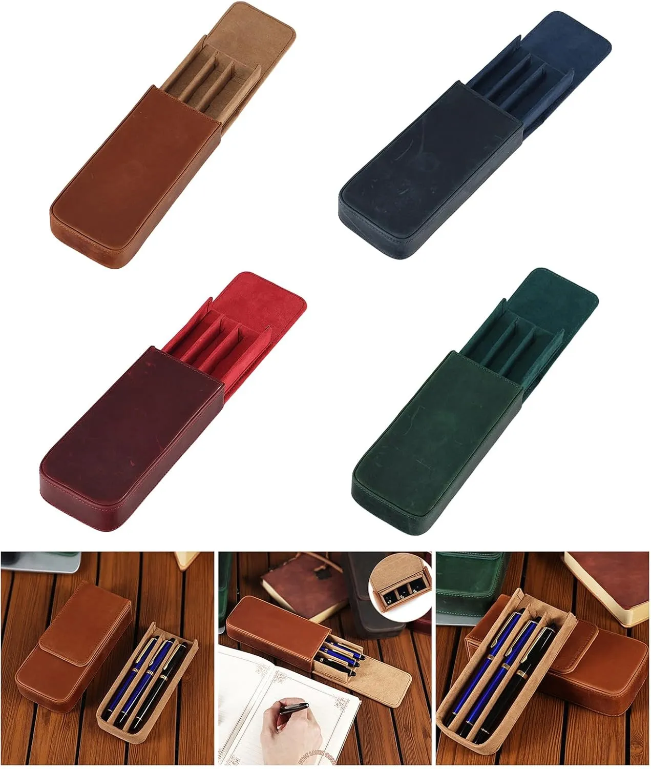 Vintage Leather Pencil Case Pull Push Fountain Pen Case Fountain Pen Holder Travel Pen Organizers for Student Women Men, Wine Re, 7.5x16.5x3.50cm, As Pictures Shown