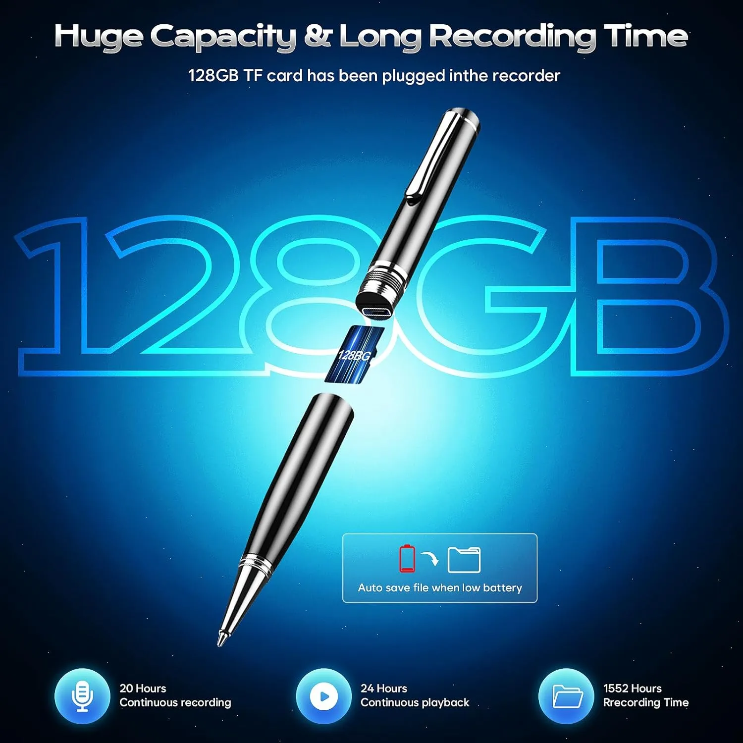Voice Recorder with Playback, 128GB Digital Voice Activated Recorder with Intelligent Noise Reduction, Recording Device, 4800Hrs Smart Tap Dictaphone for Lectures Meeting, Class, Work, Interviews
