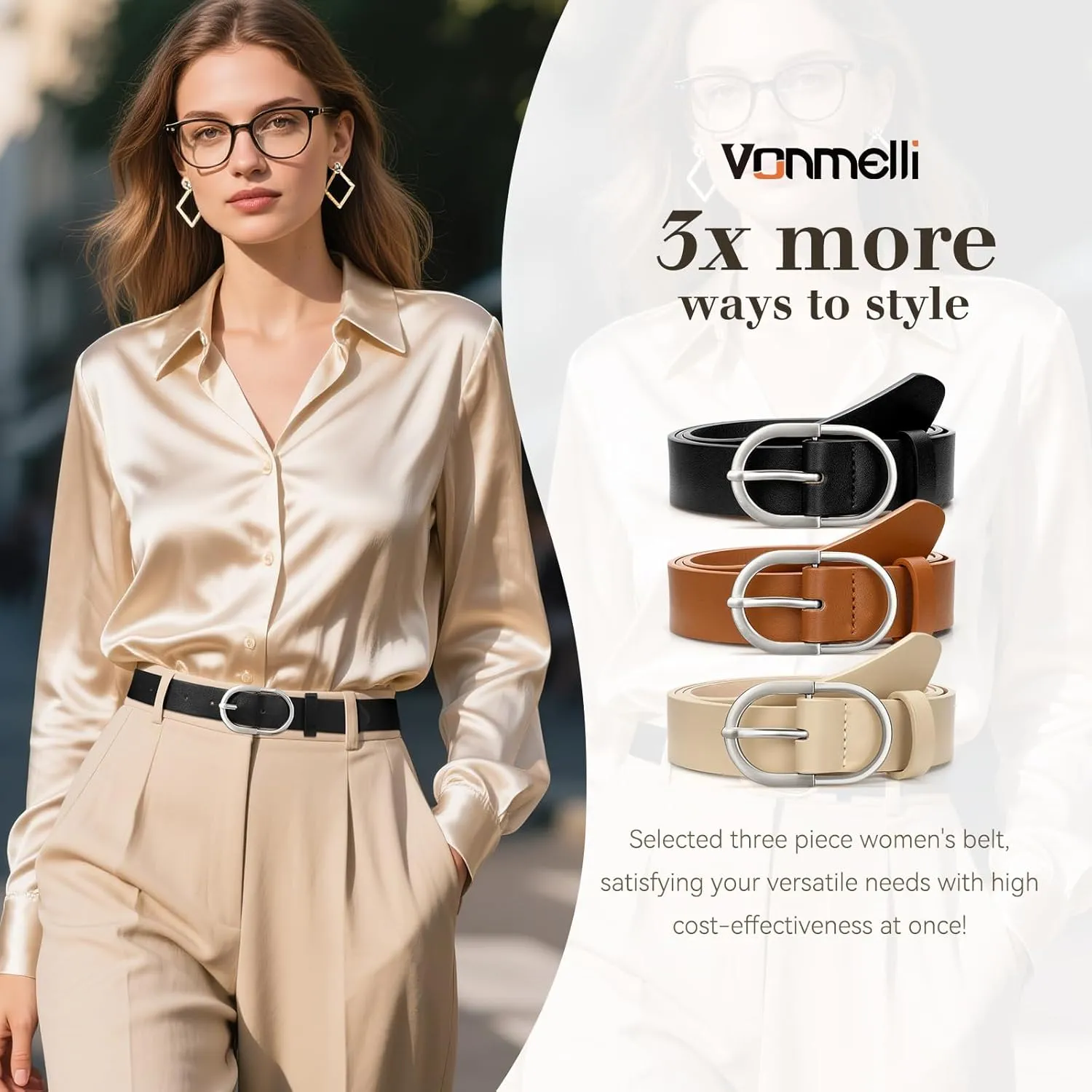 VONMELLI 3 Pack Women's Belts for Jeans Pants Fashion Gold Buckle Ladies Dress Belt