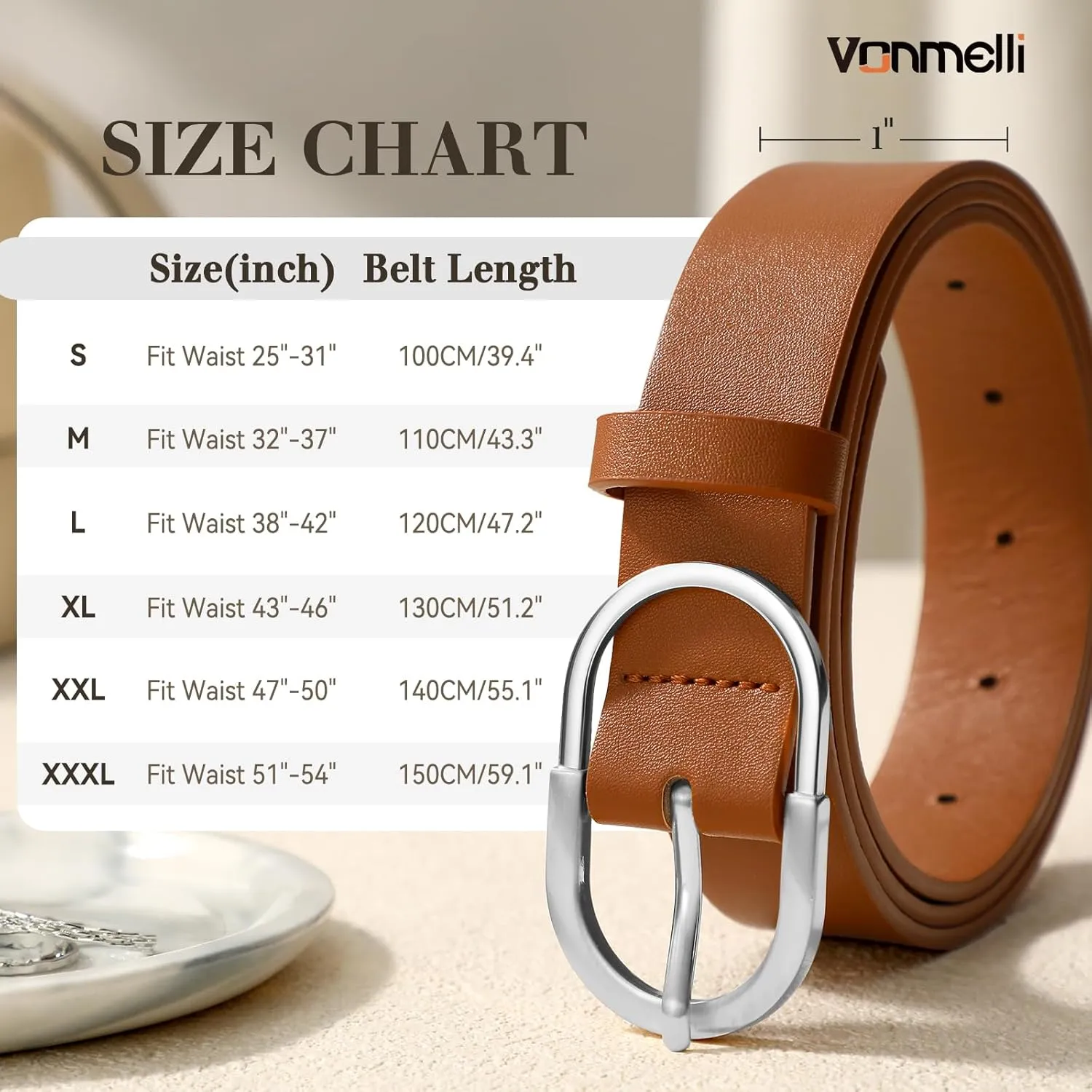 VONMELLI 3 Pack Women's Belts for Jeans Pants Fashion Gold Buckle Ladies Dress Belt