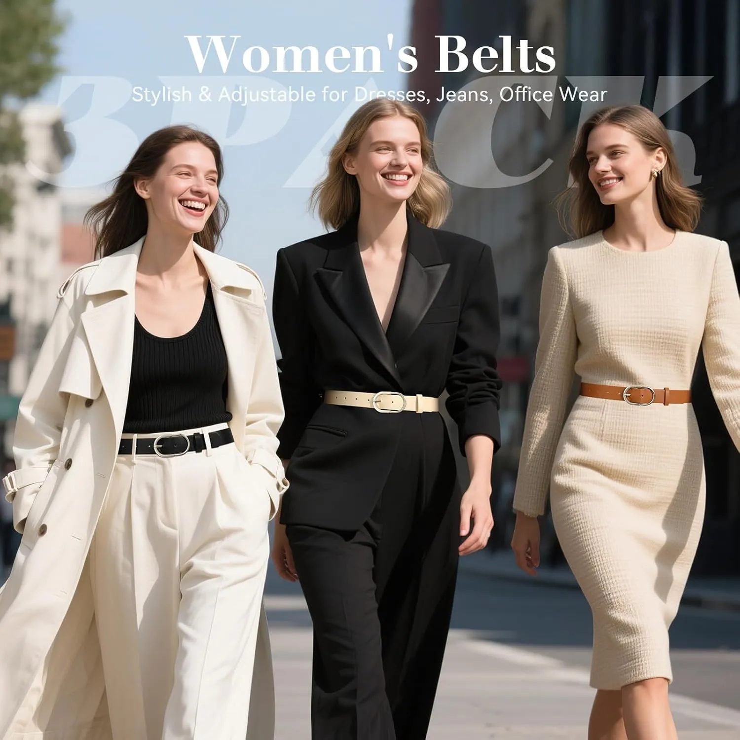 VONMELLI 3 Pack Women's Belts for Jeans Pants Fashion Gold Buckle Ladies Dress Belt