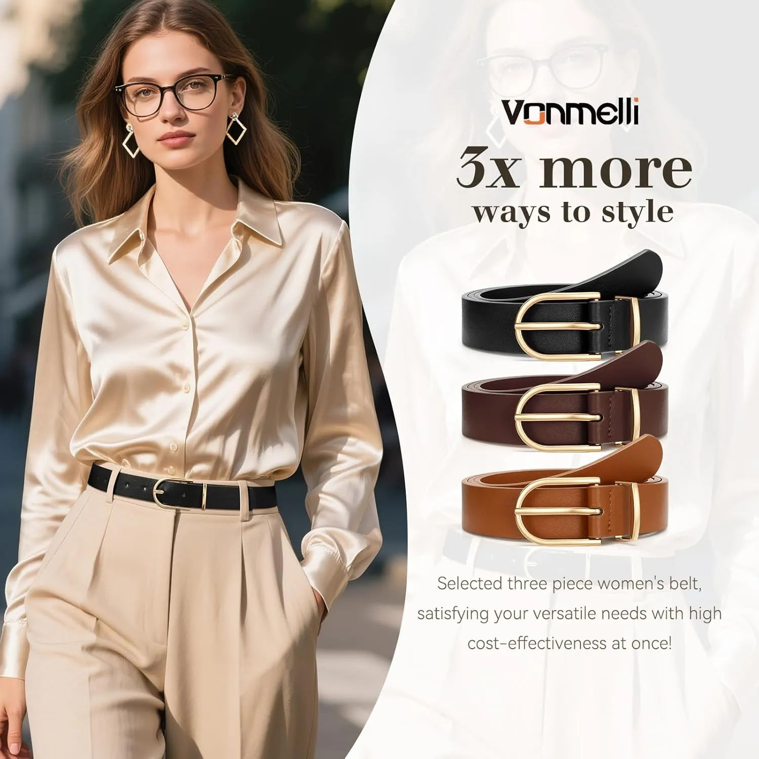 VONMELLI 3 Pack Women's Belts for Jeans Pants Fashion Gold Buckle Ladies Dress Belt