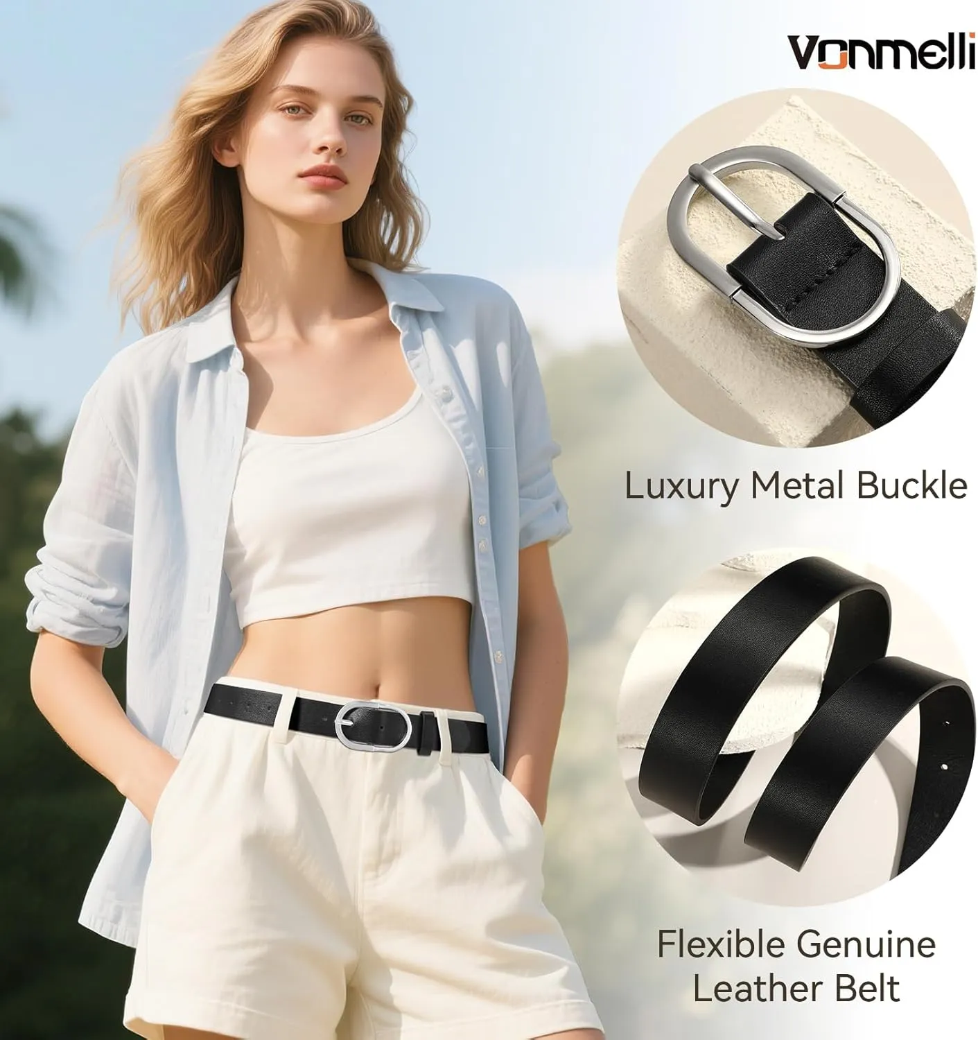 VONMELLI 3 Pack Women's Belts for Jeans Pants Fashion Gold Buckle Ladies Dress Belt