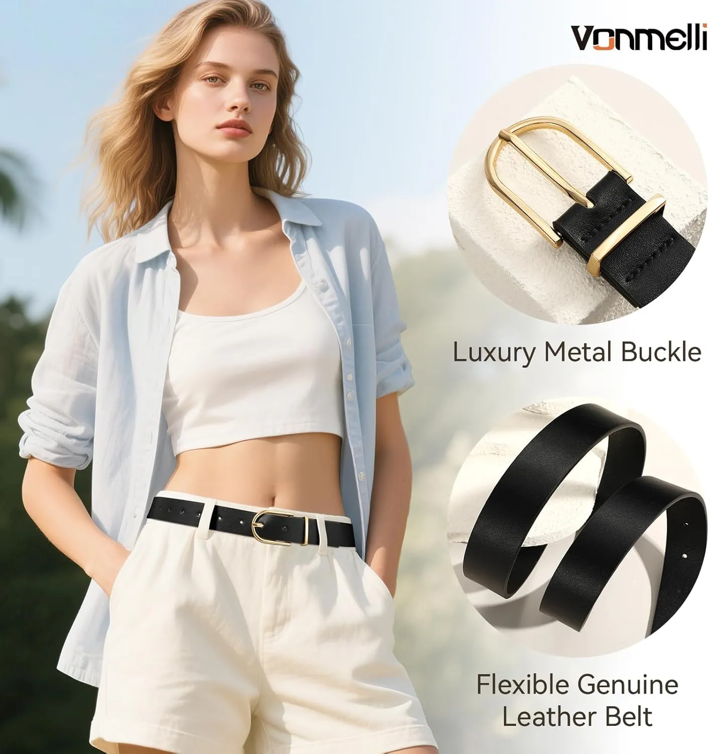 VONMELLI 3 Pack Women's Belts for Jeans Pants Fashion Gold Buckle Ladies Dress Belt