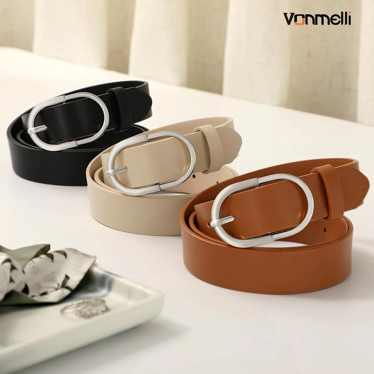 VONMELLI 3 Pack Women's Belts for Jeans Pants Fashion Gold Buckle Ladies Dress Belt