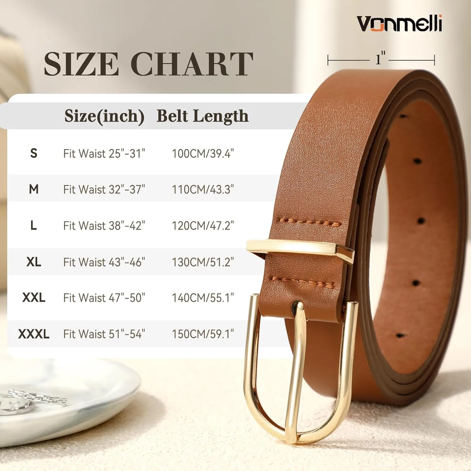 VONMELLI 3 Pack Women's Belts for Jeans Pants Fashion Gold Buckle Ladies Dress Belt