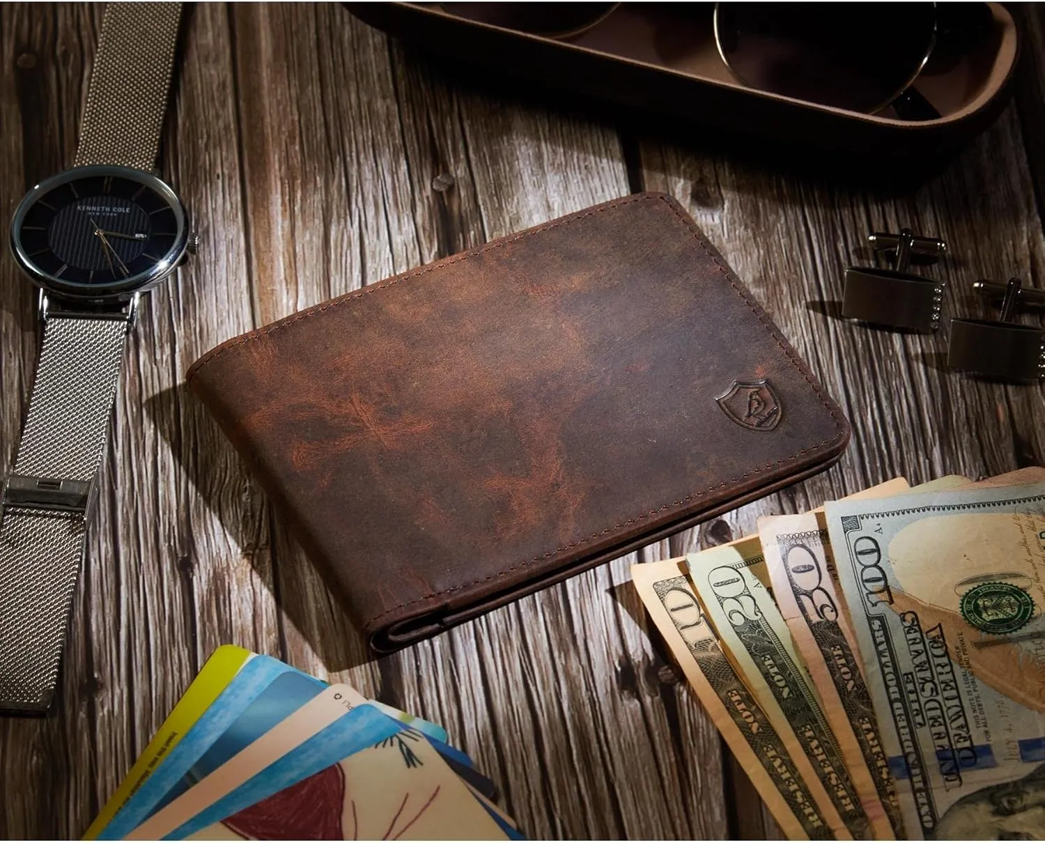 Wallet for Men Bifold Real Leather RFID Blocking Front Pocket Ultra Slim & Thin Stylish Minimalist with ID Window in Gift Box (Crazy Horse, Cognac)