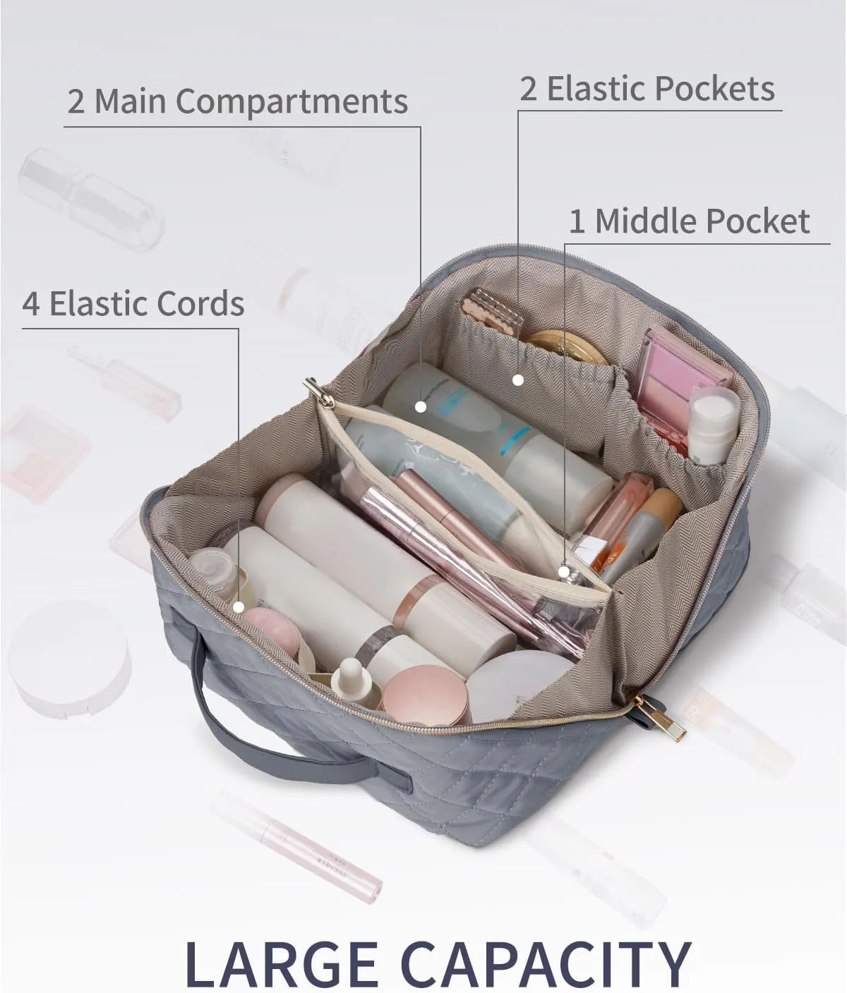 Wandering Nature Travel Makeup Bag,Travel Make up Bag with Large Capacity,Quilted Makeup Organizer Bag, Open Flat Travel Toiletry Bag for Women Cosmetic Bag with Divider and Handle,Patent Pending