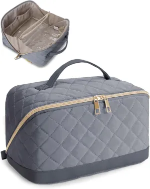 Wandering Nature Travel Makeup Bag,Travel Make up Bag with Large Capacity,Quilted Makeup Organizer Bag, Open Flat Travel Toiletry Bag for Women Cosmetic Bag with Divider and Handle,Patent Pending