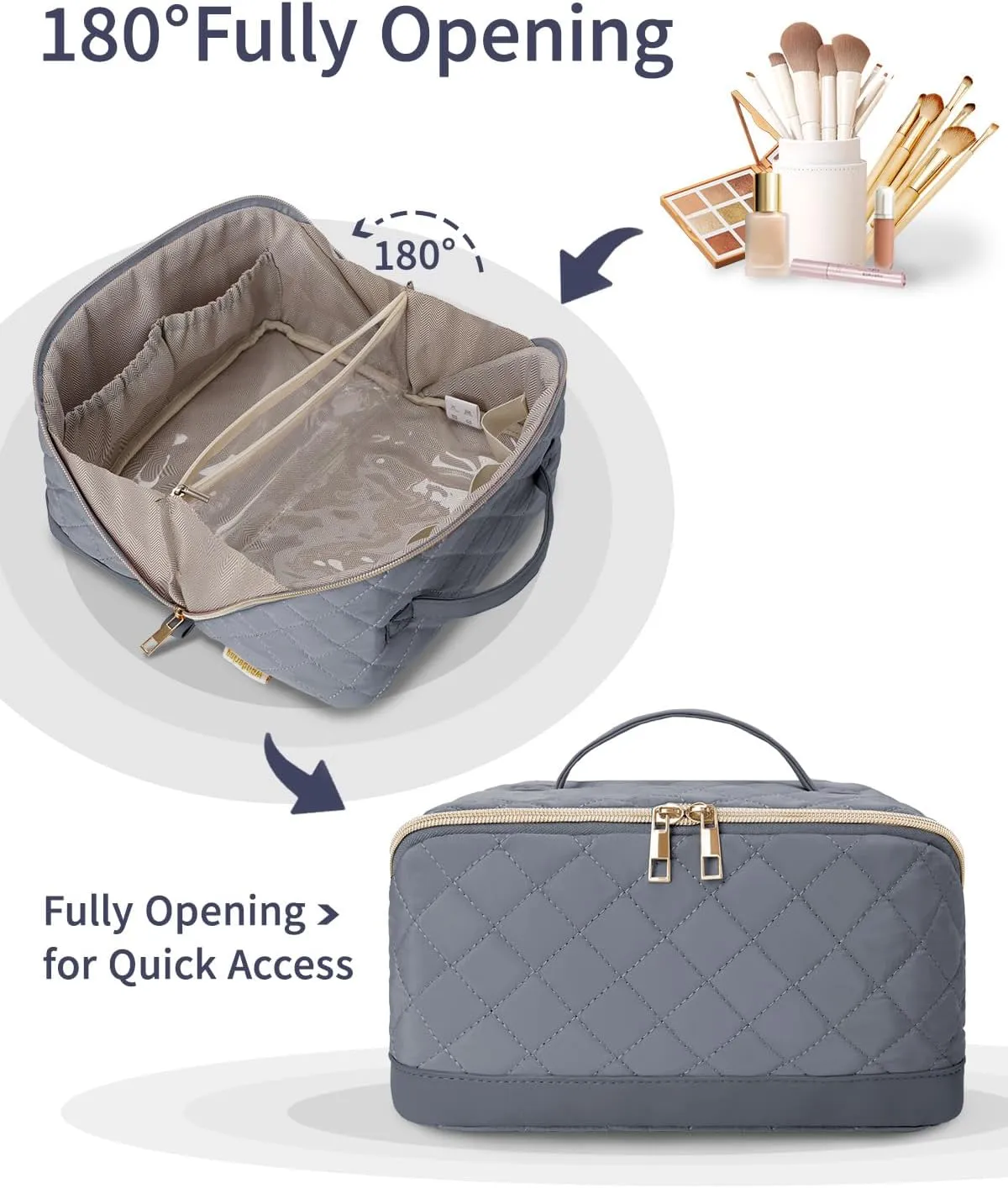 Wandering Nature Travel Makeup Bag,Travel Make up Bag with Large Capacity,Quilted Makeup Organizer Bag, Open Flat Travel Toiletry Bag for Women Cosmetic Bag with Divider and Handle,Patent Pending
