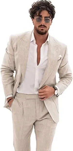 Wangyue Linen Suit for Men Casual Slim Fit Vintage Suits Groomsmen Suits Wedding Summer Beach Blazer Pants Set