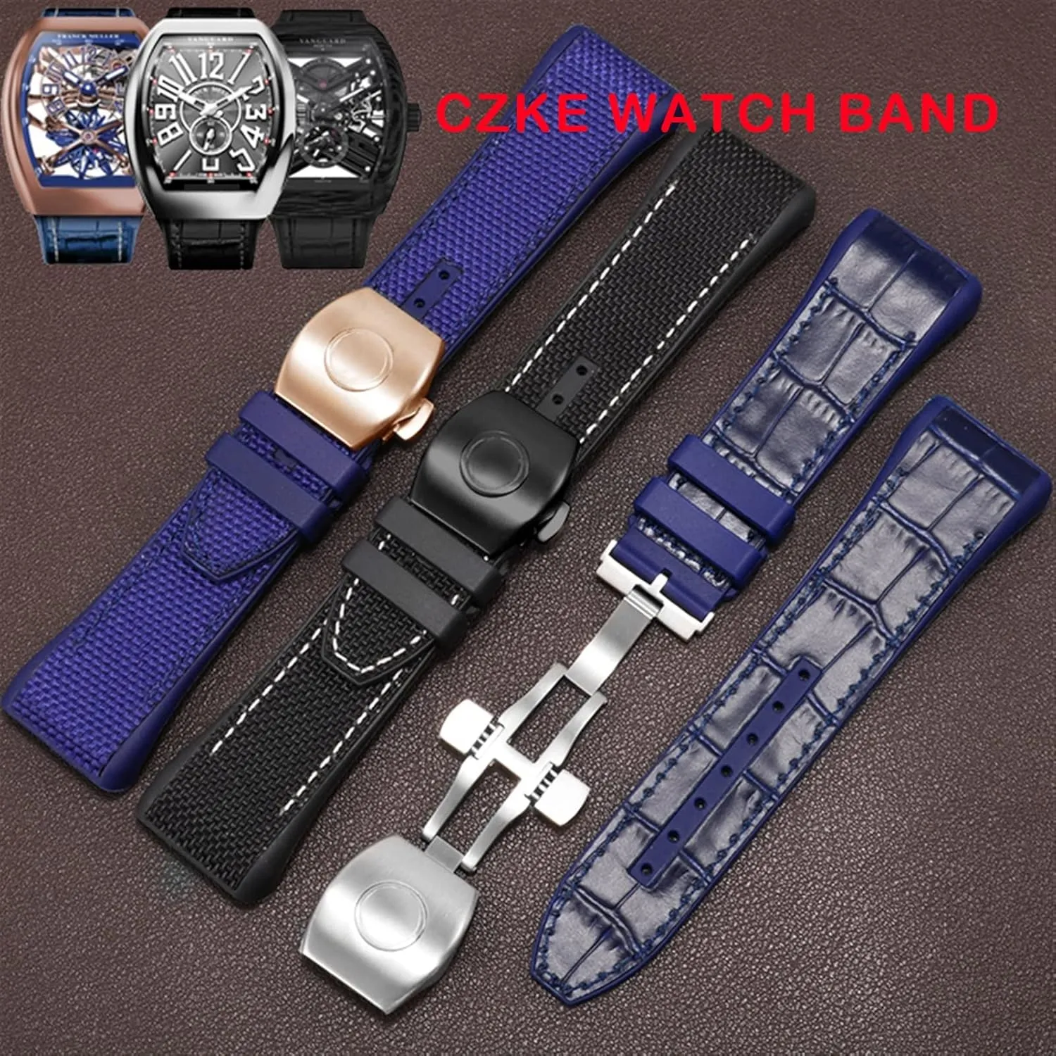 Watch band for Franck Muller V45 Series 28mm Nylon Genuine Leather Silicone Watchband Black Blue Folding Buckle Watch Strap