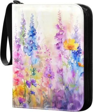 Water Painting Wildflowers Card Binder 4 Pockets, 400 Pockets Trading Card Binder Removable Card Albums Card Holder for Games, Sports, Football, Baseball Cards