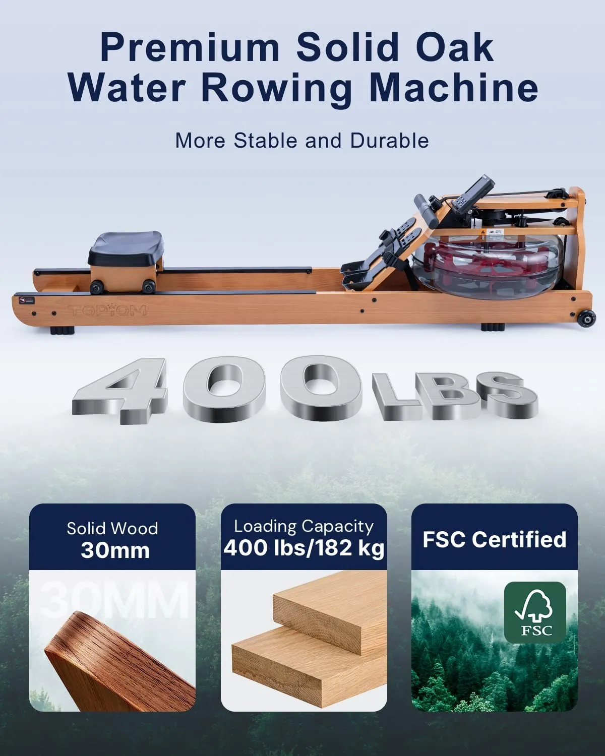 Water Rowing Machine for Home Use, Oak Wood Rower Machine with Dedicated Monitor & Bluetooth App, Upgraded Handle, Adjustable Footpad, Tablet Holder Water Rowing Machine