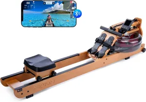 Water Rowing Machine for Home Use, Oak Wood Rower Machine with Dedicated Monitor & Bluetooth App, Upgraded Handle, Adjustable Footpad, Tablet Holder Water Rowing Machine