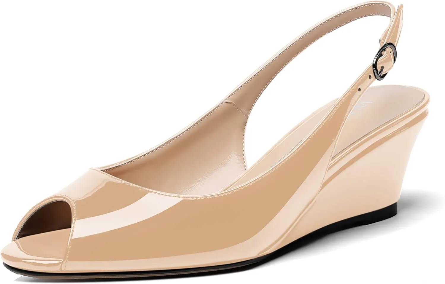WAYDERNS Women's Peep Toe Slingback Buckle Patent Leather Wedge Low Heel Pumps Shoes 2 Inch
