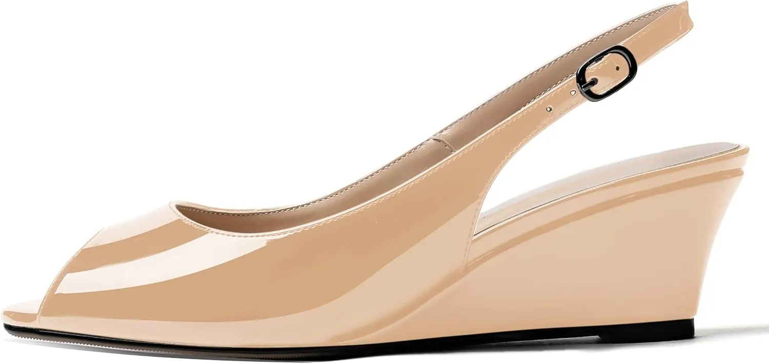 WAYDERNS Women's Peep Toe Slingback Buckle Patent Leather Wedge Low Heel Pumps Shoes 2 Inch