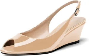 WAYDERNS Women's Peep Toe Slingback Buckle Patent Leather Wedge Low Heel Pumps Shoes 2 Inch