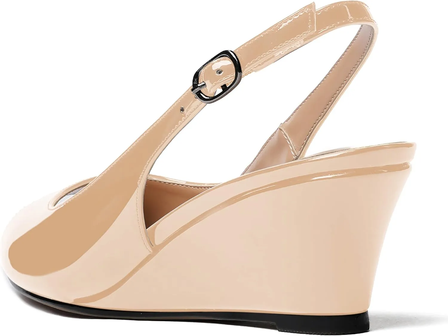 WAYDERNS Women's Peep Toe Slingback Buckle Patent Leather Wedge Low Heel Pumps Shoes 2 Inch