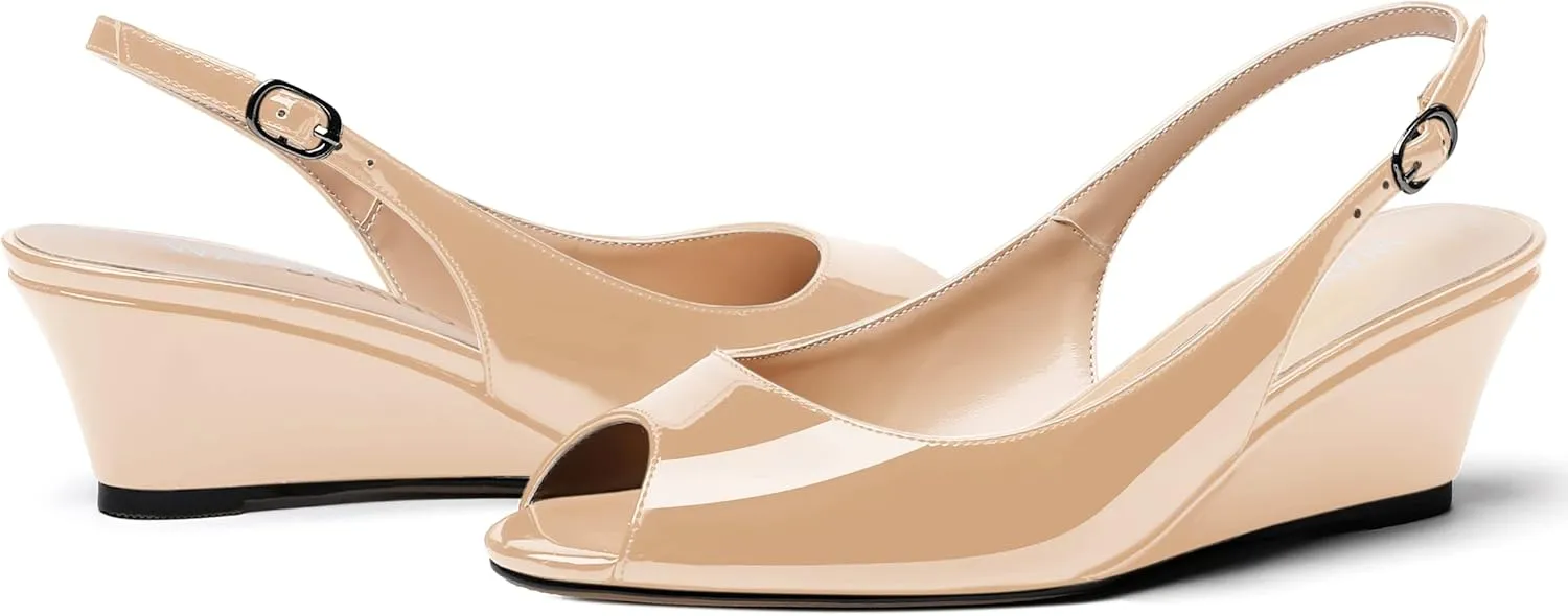 WAYDERNS Women's Peep Toe Slingback Buckle Patent Leather Wedge Low Heel Pumps Shoes 2 Inch