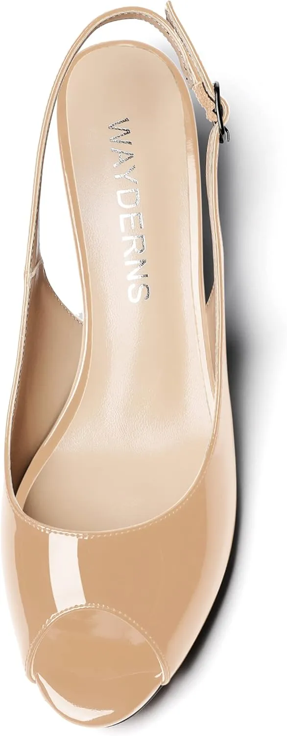 WAYDERNS Women's Peep Toe Slingback Buckle Patent Leather Wedge Low Heel Pumps Shoes 2 Inch