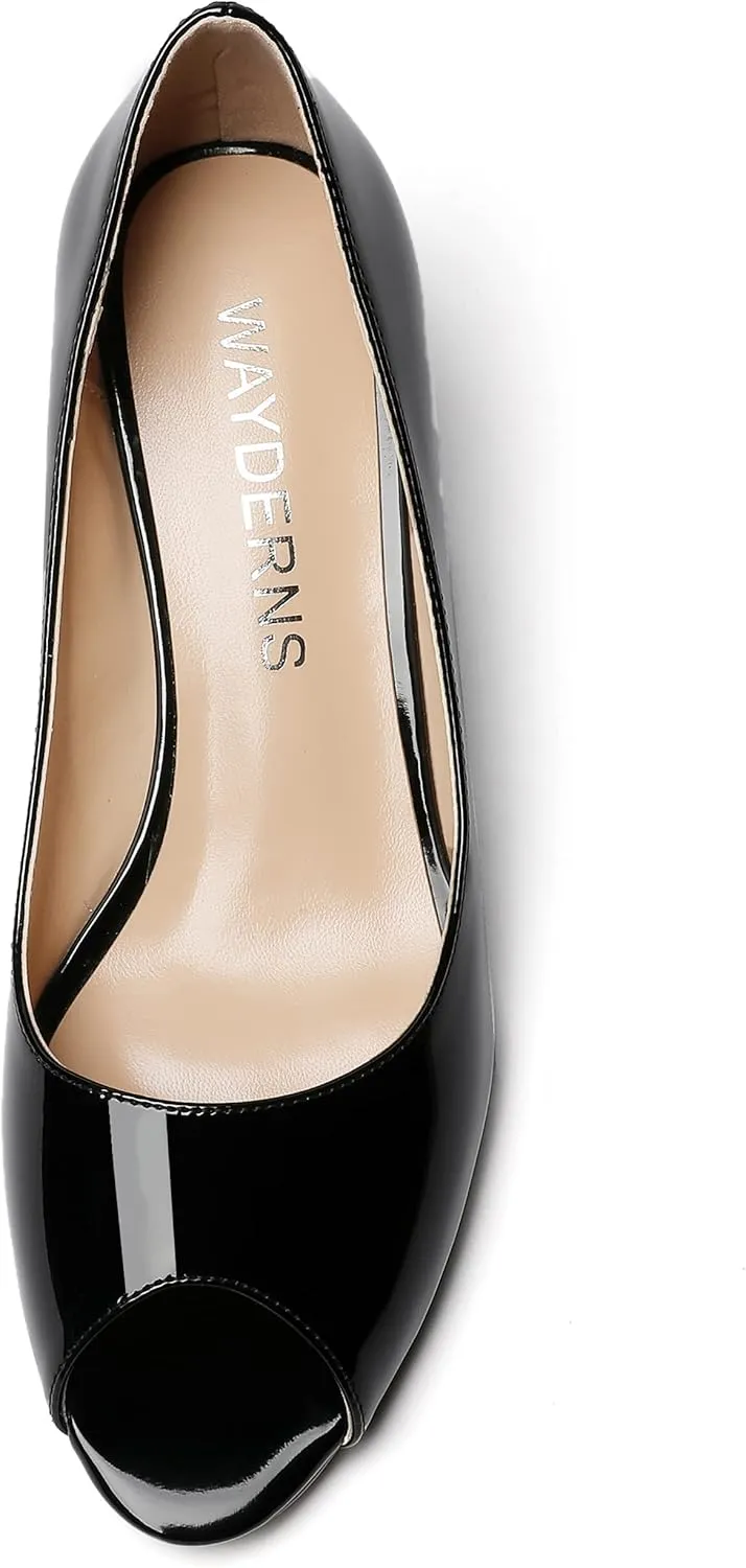 WAYDERNS Women's Slip On Peep Toe Patent Leather Wedge Low Heel Pumps Shoes 2 Inch