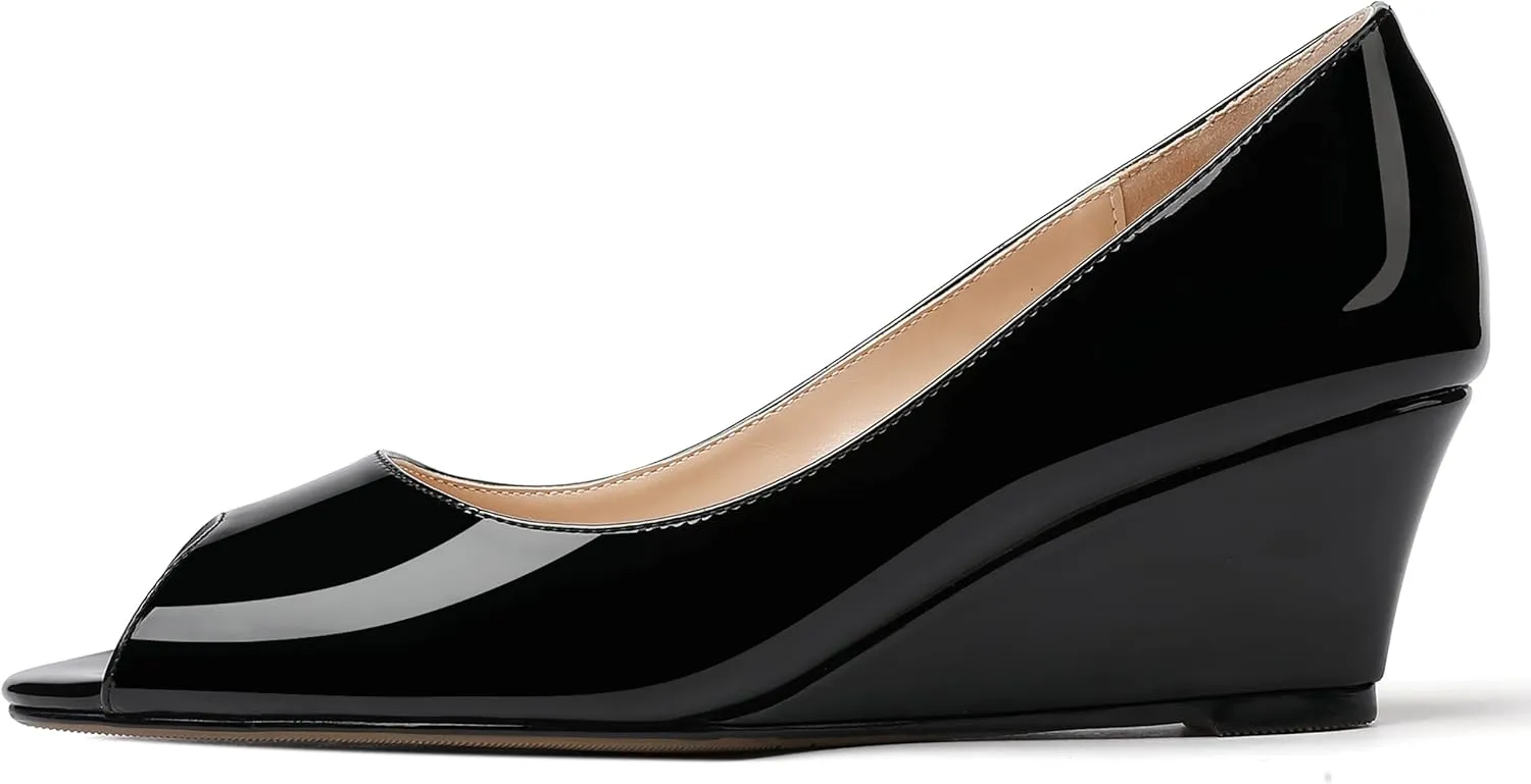 WAYDERNS Women's Slip On Peep Toe Patent Leather Wedge Low Heel Pumps Shoes 2 Inch