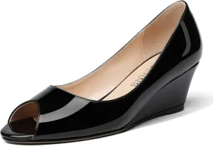 WAYDERNS Women's Slip On Peep Toe Patent Leather Wedge Low Heel Pumps Shoes 2 Inch