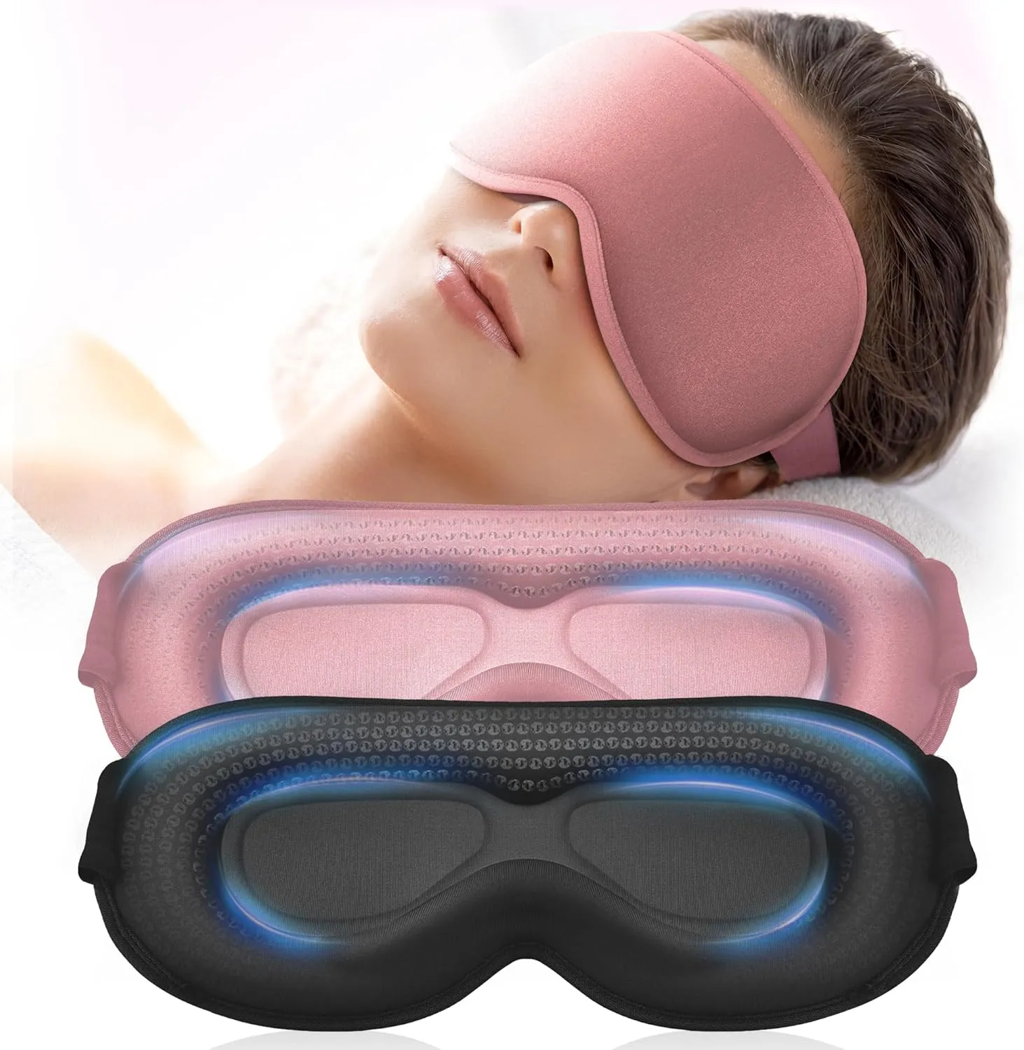 Weighted Eye Mask 2 Pack - 3D Contoured Sleep Masks for Women Men, Blackout Sleeping Eye Mask for Travel, Meditation, Airplane, Memory Foam, Adjustable Strap Pink Black
