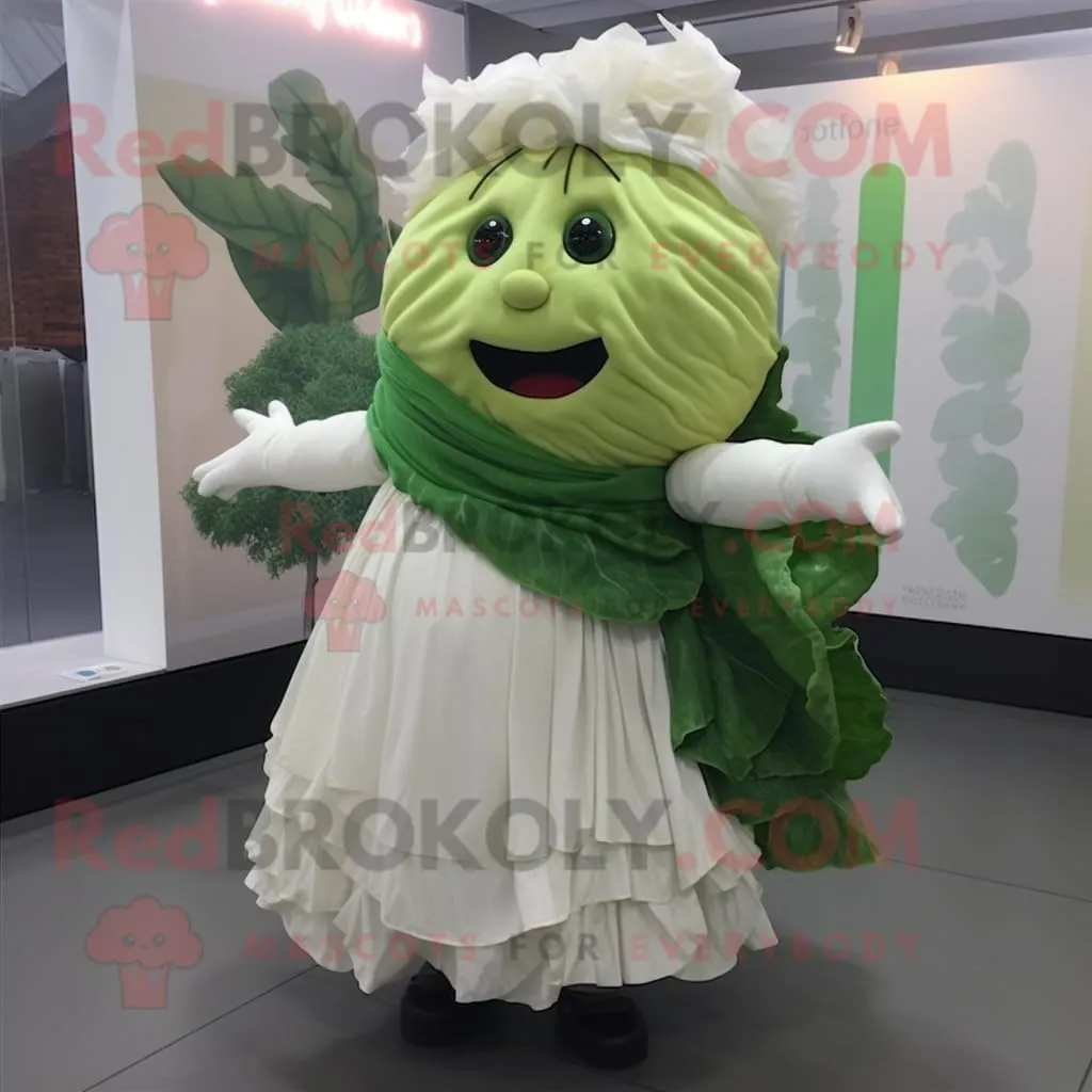 White Cabbage Leaf mascot costume character dressed with a Wrap Skirt and Scarf clips, Large