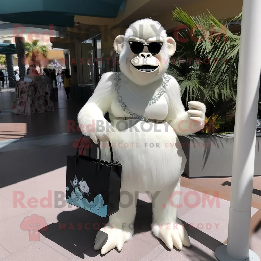White Gorilla mascot costume character dressed with a Shift Dress and Handbags, Large
