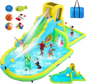Whubefy 18ft Inflatable Water Slides for Kids Backyard, 13 in 1 Blow Up Water Slide Park Bounce House W/Water Pool, Waterslide, Climb Wall, Water-Spray Arch, Hidden Tunnel, 6 Toys, Basketball, Blower