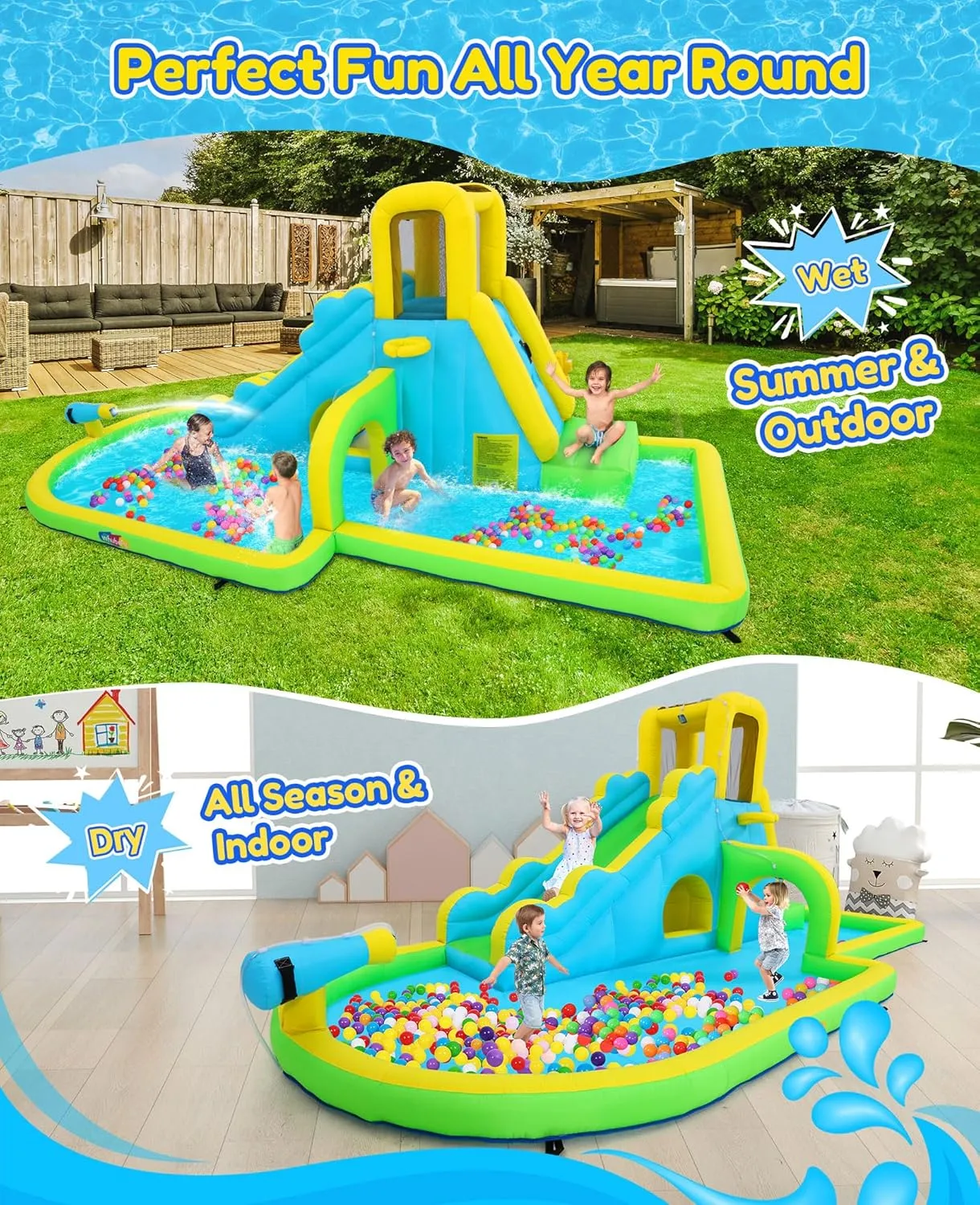 Whubefy 18ft Inflatable Water Slides for Kids Backyard, 13 in 1 Blow Up Water Slide Park Bounce House W/Water Pool, Waterslide, Climb Wall, Water-Spray Arch, Hidden Tunnel, 6 Toys, Basketball, Blower