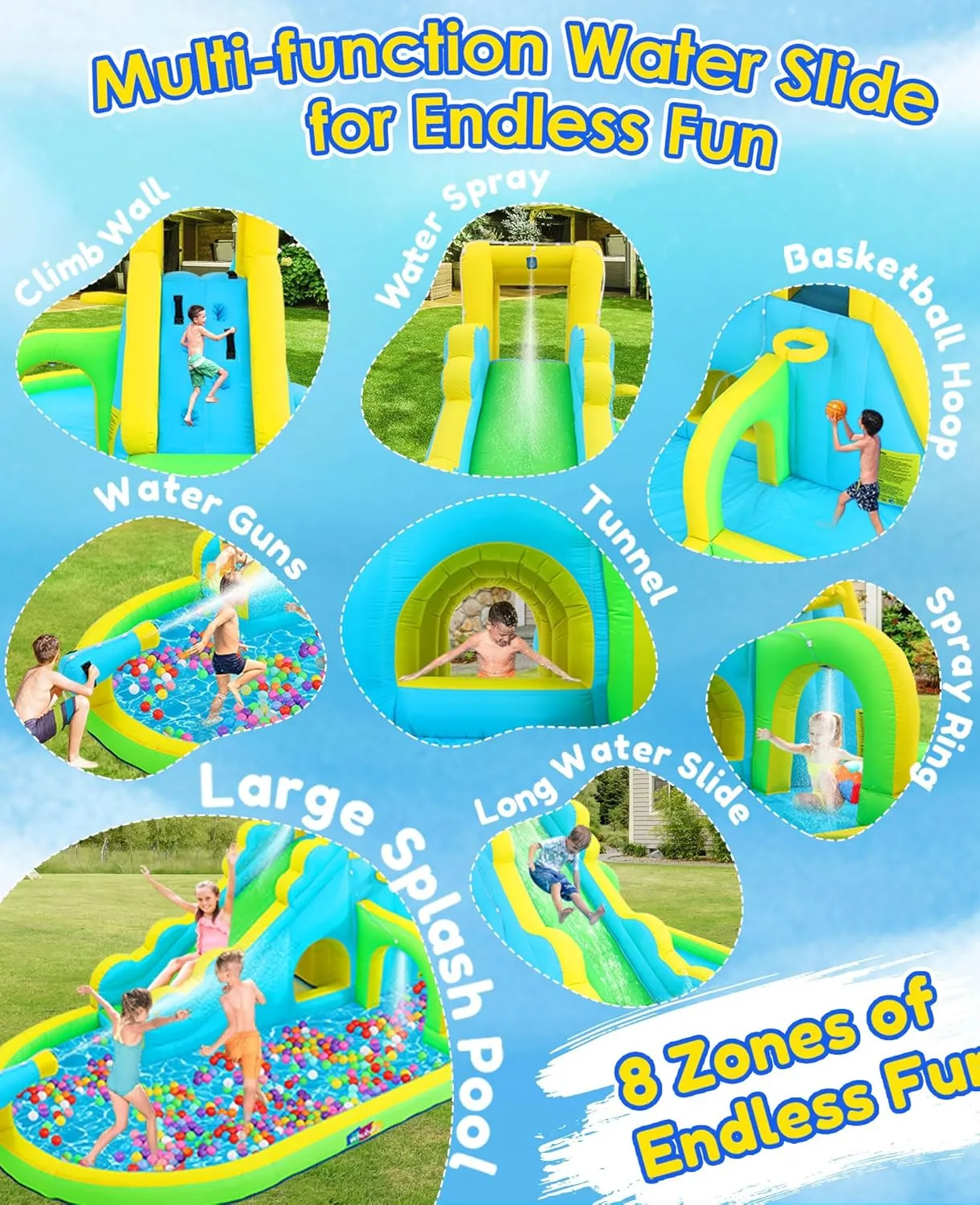 Whubefy 18ft Inflatable Water Slides for Kids Backyard, 13 in 1 Blow Up Water Slide Park Bounce House W/Water Pool, Waterslide, Climb Wall, Water-Spray Arch, Hidden Tunnel, 6 Toys, Basketball, Blower
