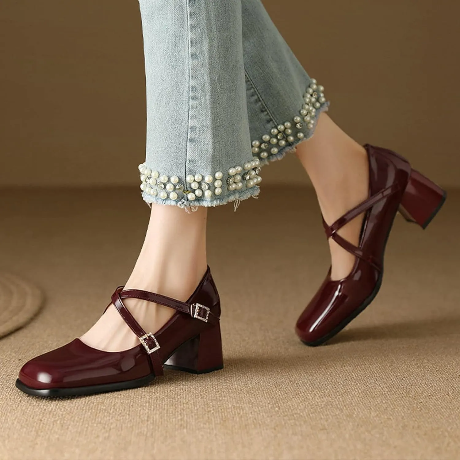 Women Chunky Block Heel Mary Janes Square Toe Pumps Cross Strap Rhinestone Buckle Leather Dress Shoes