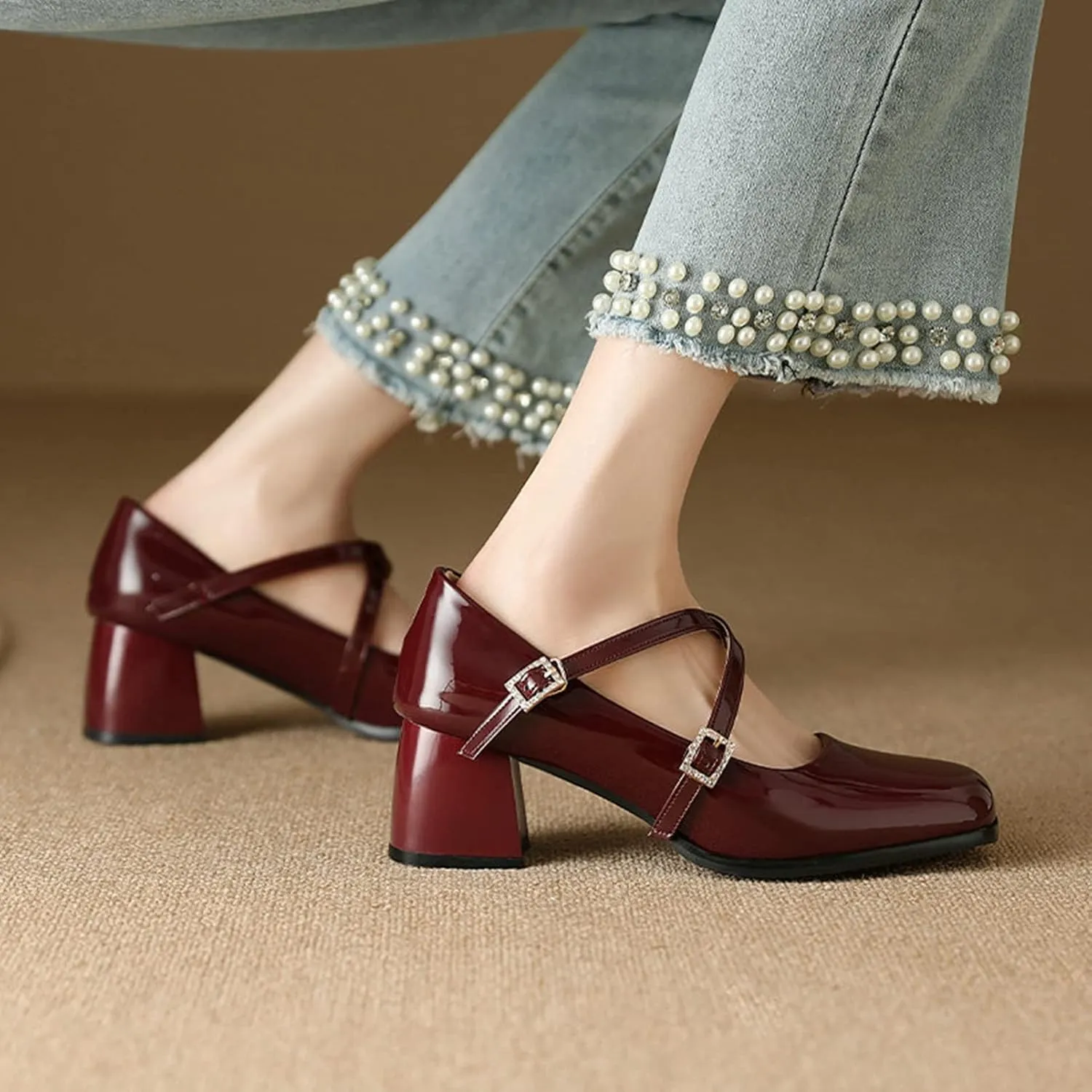 Women Chunky Block Heel Mary Janes Square Toe Pumps Cross Strap Rhinestone Buckle Leather Dress Shoes
