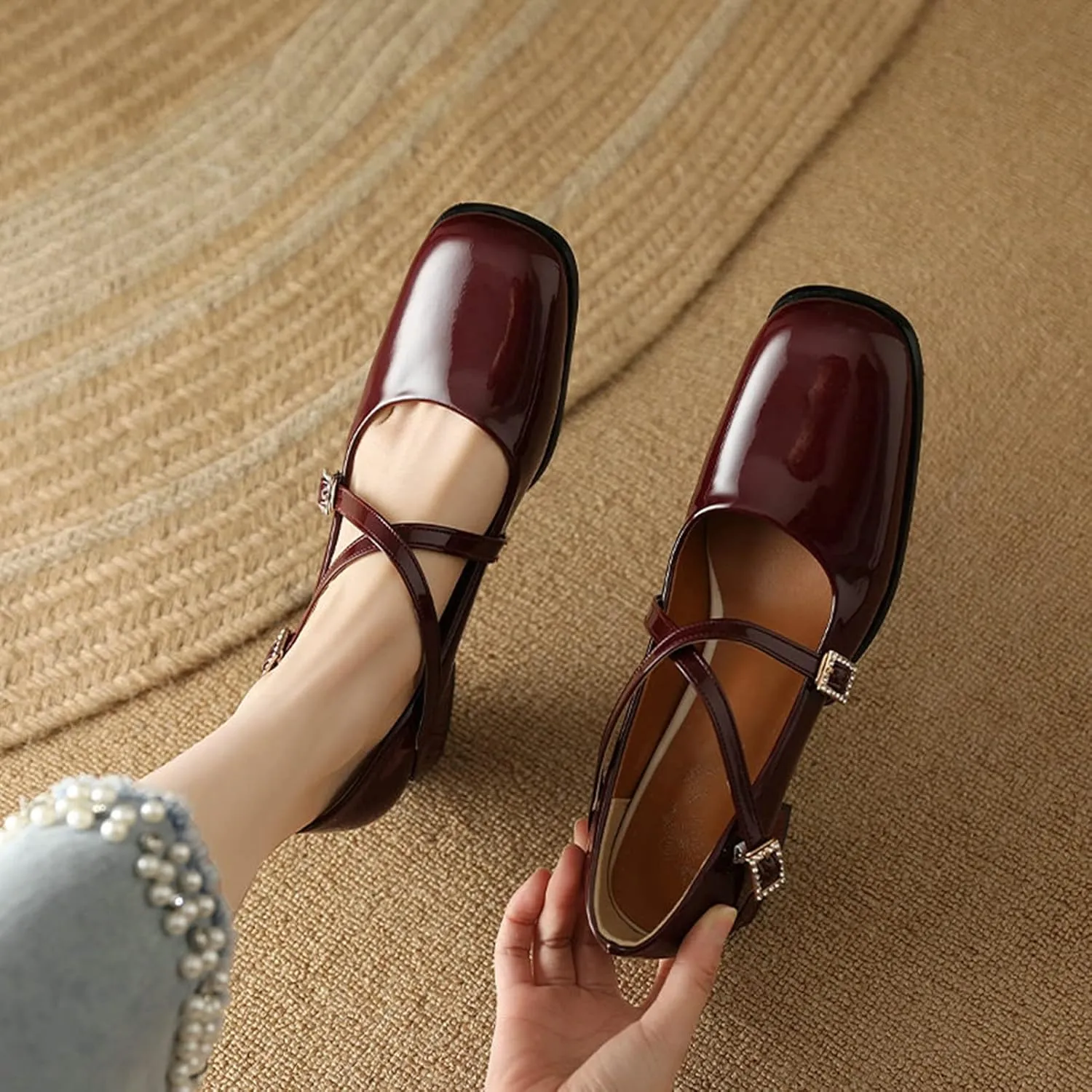 Women Chunky Block Heel Mary Janes Square Toe Pumps Cross Strap Rhinestone Buckle Leather Dress Shoes