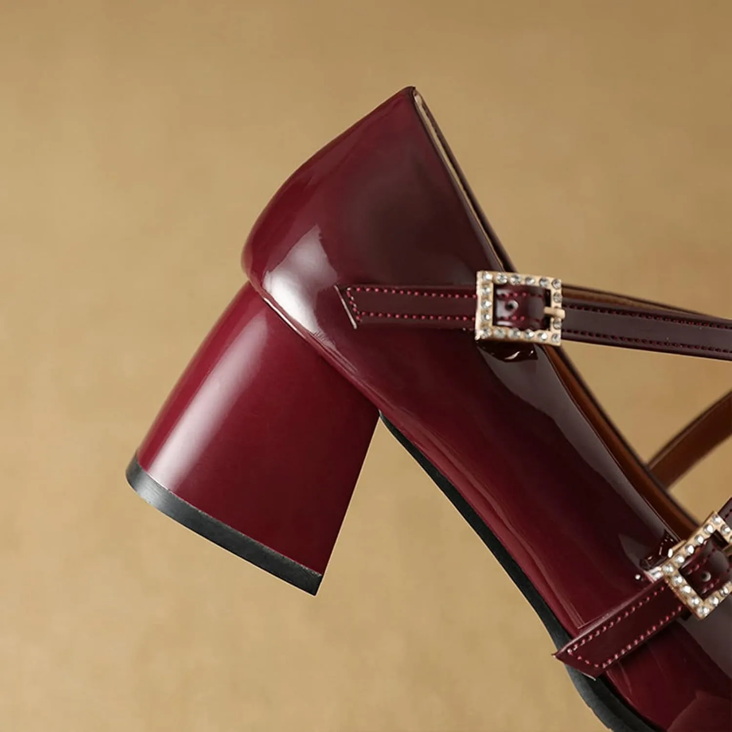 Women Chunky Block Heel Mary Janes Square Toe Pumps Cross Strap Rhinestone Buckle Leather Dress Shoes