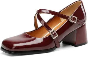 Women Chunky Block Heel Mary Janes Square Toe Pumps Cross Strap Rhinestone Buckle Leather Dress Shoes