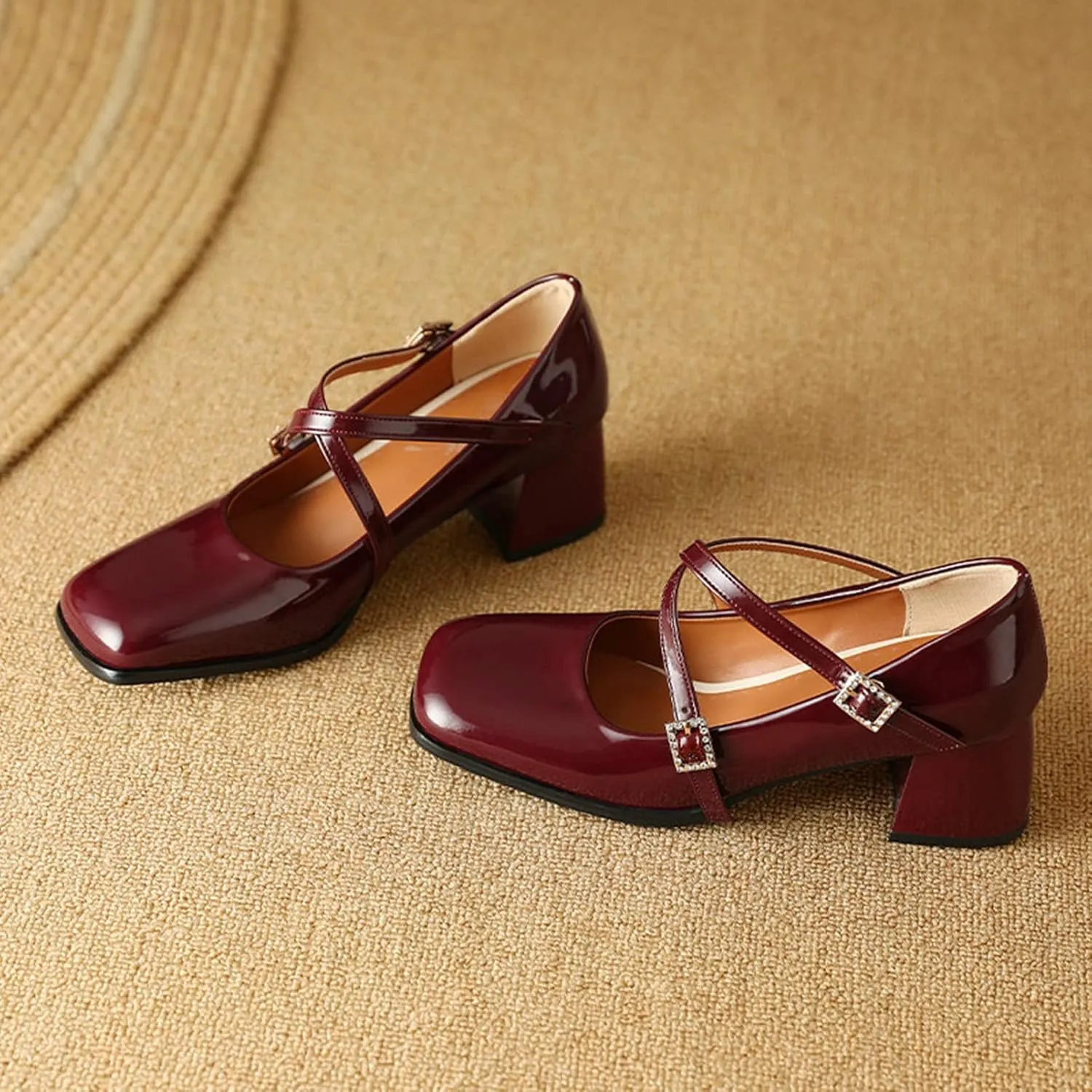 Women Chunky Block Heel Mary Janes Square Toe Pumps Cross Strap Rhinestone Buckle Leather Dress Shoes