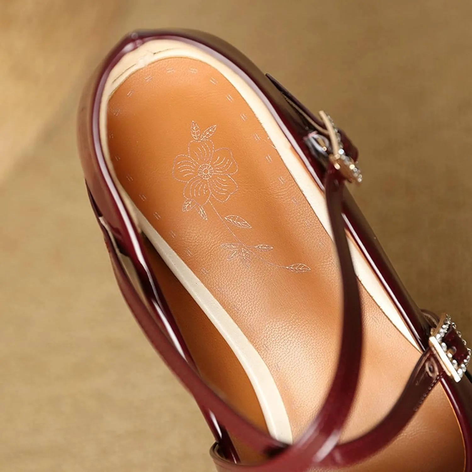 Women Chunky Block Heel Mary Janes Square Toe Pumps Cross Strap Rhinestone Buckle Leather Dress Shoes