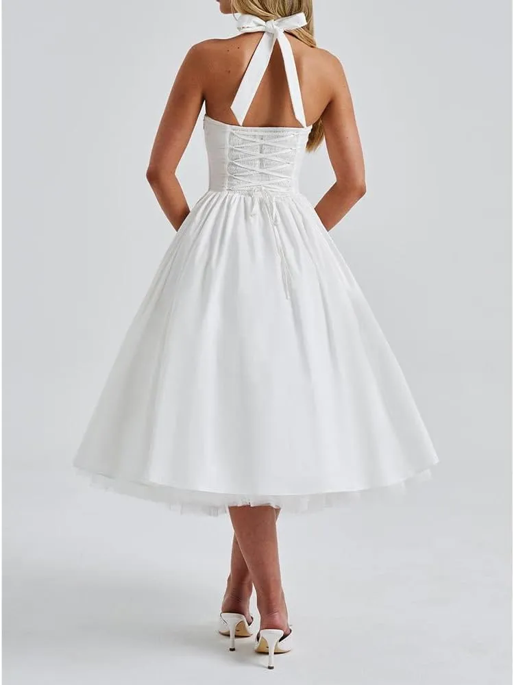 Women Halter Midi Dress Corset Back Layered Tuller Skirt Sleeveless Swing Cocktail Prom Formal Dresses