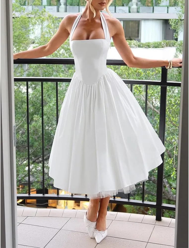 Women Halter Midi Dress Corset Back Layered Tuller Skirt Sleeveless Swing Cocktail Prom Formal Dresses