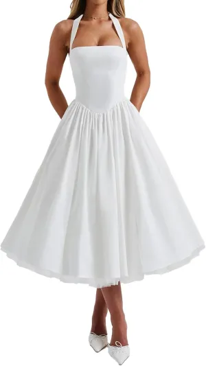 Women Halter Midi Dress Corset Back Layered Tuller Skirt Sleeveless Swing Cocktail Prom Formal Dresses