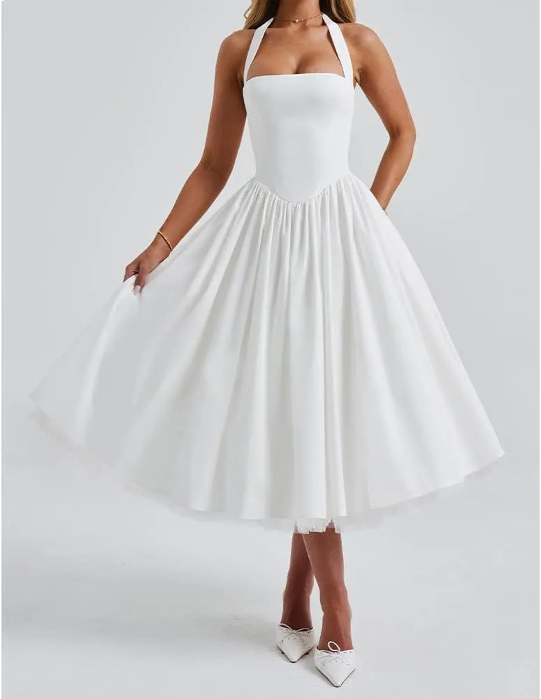 Women Halter Midi Dress Corset Back Layered Tuller Skirt Sleeveless Swing Cocktail Prom Formal Dresses