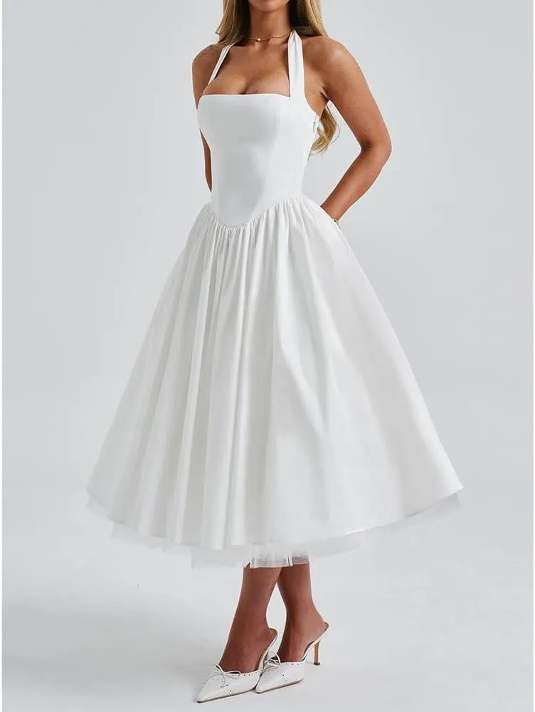 Women Halter Midi Dress Corset Back Layered Tuller Skirt Sleeveless Swing Cocktail Prom Formal Dresses