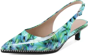 Women Low Heel Pumps Beaded Pumps Pointed Toe Slingback Kitten Shoes Low Heel Rhinestones Pumps Event Party Dress Shoes Floral Green Patent Leather US Size 9.5