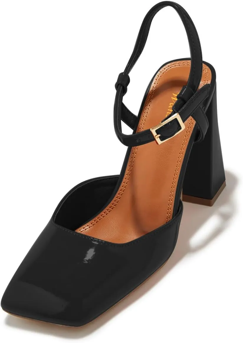 Women Trendy Ankle Strap Buckle Square Toe Glossy Sandals Chunky High Heel Summer Party Event Shoes Size 4-16 US