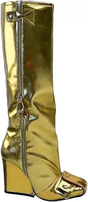 Women Wedge Boots Knee High Fashion Pull On Boots