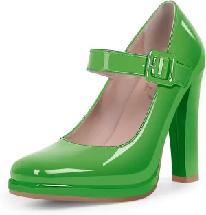 Women's Block High Heel Platform Mary Janes Shoes Buckle Strappy Square Toe Dress Pumps